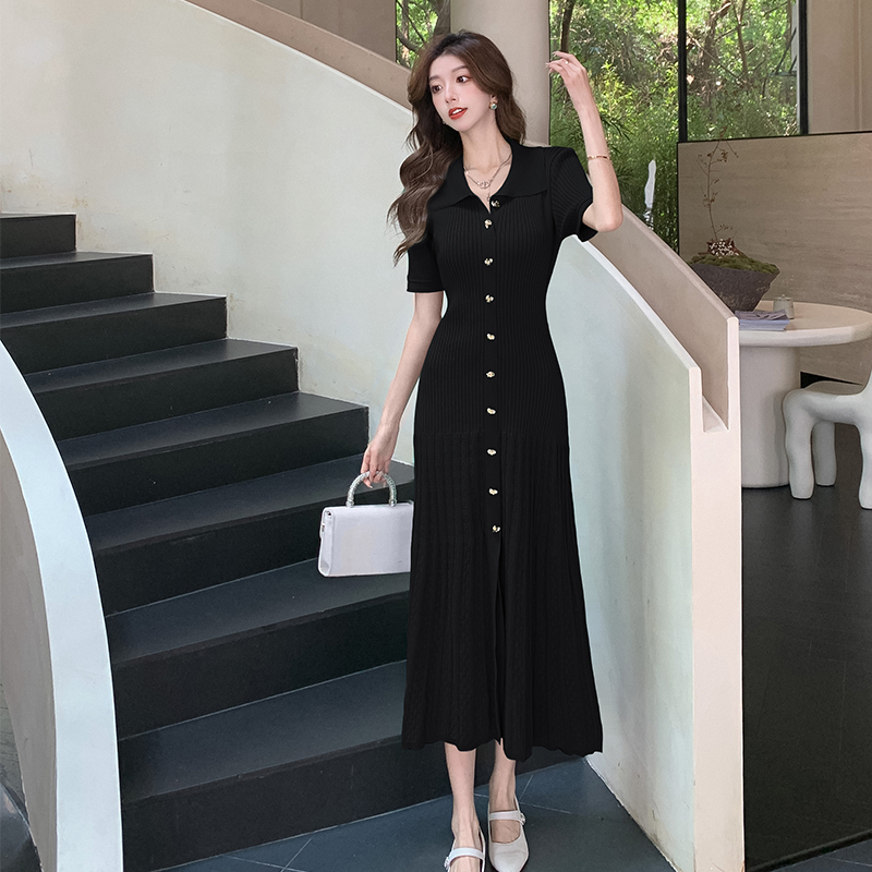2026 Summer French Elegant Mint Retro Waist-Slimming Short Sleeve Knit Dress Long Dress