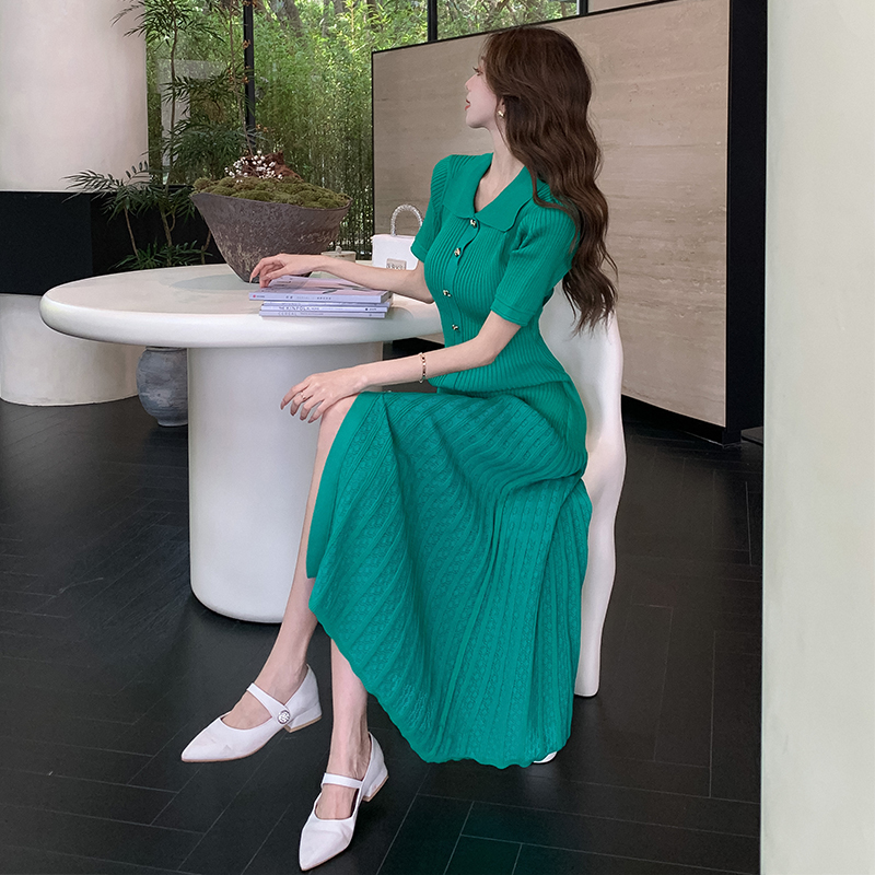 2026 Summer French Elegant Mint Retro Waist-Slimming Short Sleeve Knit Dress Long Dress