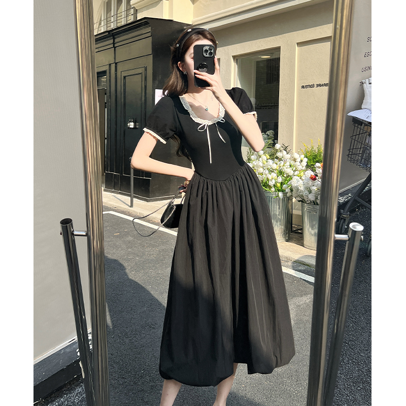 2026 Summer Sweet Lace Round Neck Black Dress Women Chic Puff Long Dress