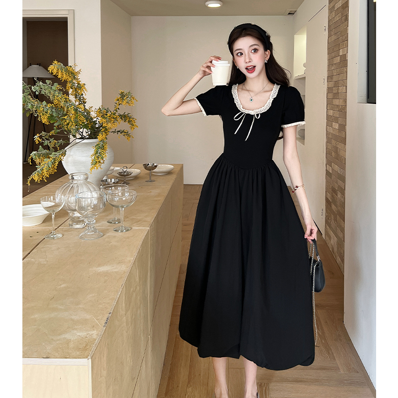 2026 Summer Sweet Lace Round Neck Black Dress Women Chic Puff Long Dress