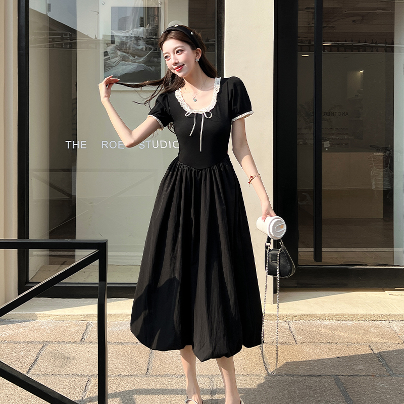 2026 Summer Sweet Lace Round Neck Black Dress Women Chic Puff Long Dress - Image 3