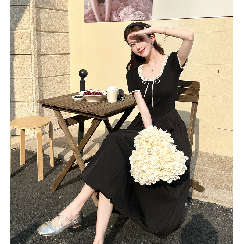 2026 Summer Sweet Lace Round Neck Black Dress Women Chic Puff Long Dress - Image 4