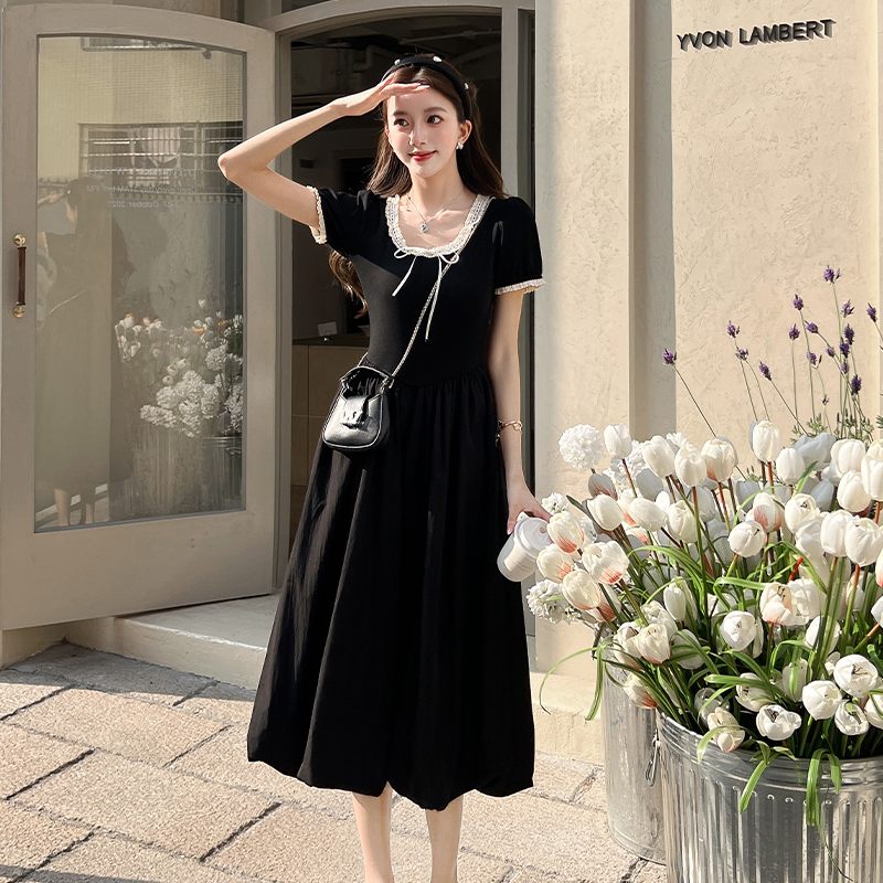 2026 Summer Sweet Lace Round Neck Black Dress Women Chic Puff Long Dress - Image 5