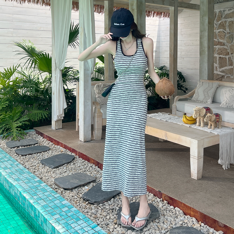 2026 Summer Open Back Striped Tank Dress Women Slim Fit Bodycon Long Dress - Image 5