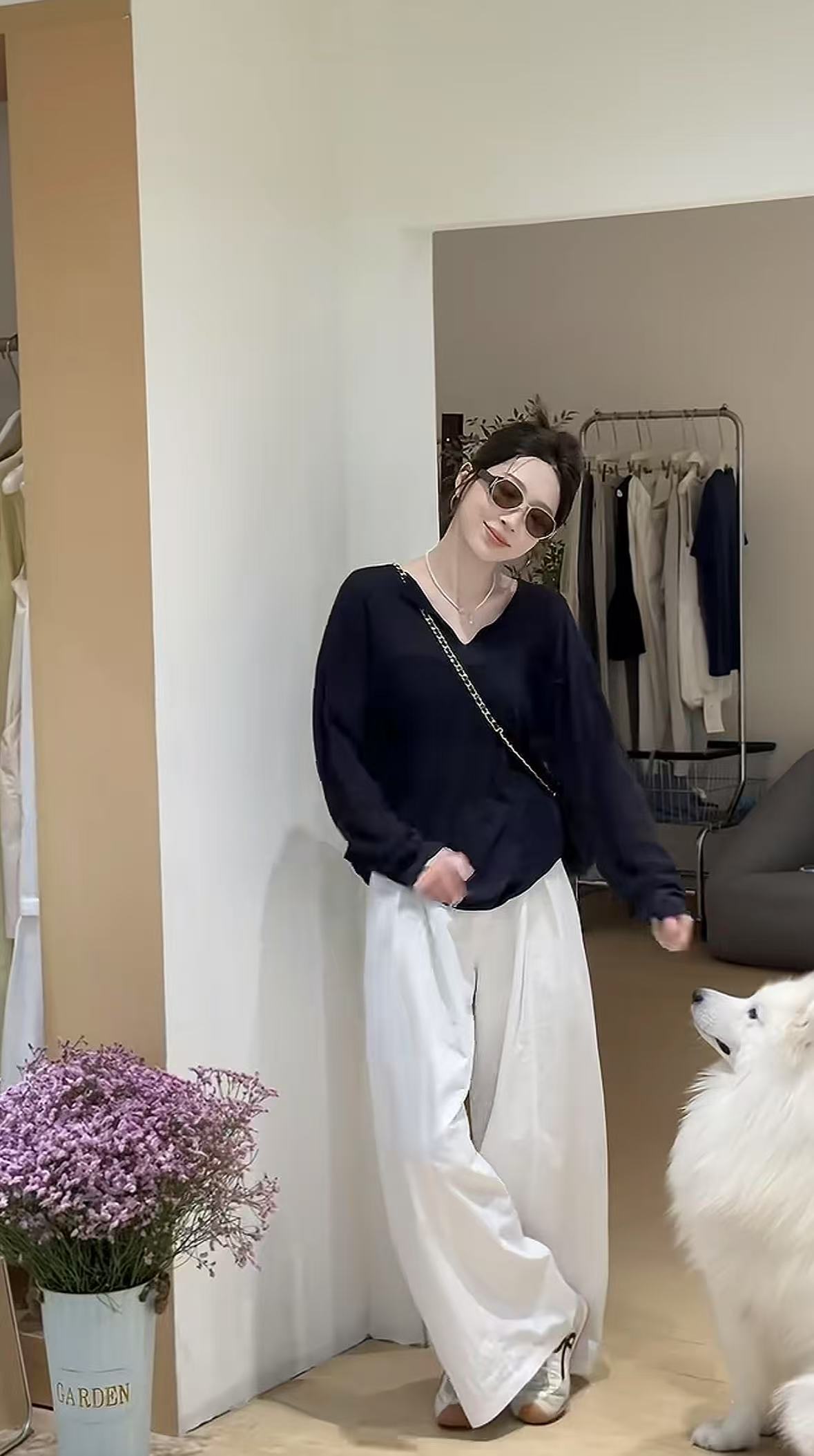 Women's V-Neck Slimming Knit Top and Wide-Leg Pants Two-Piece Set