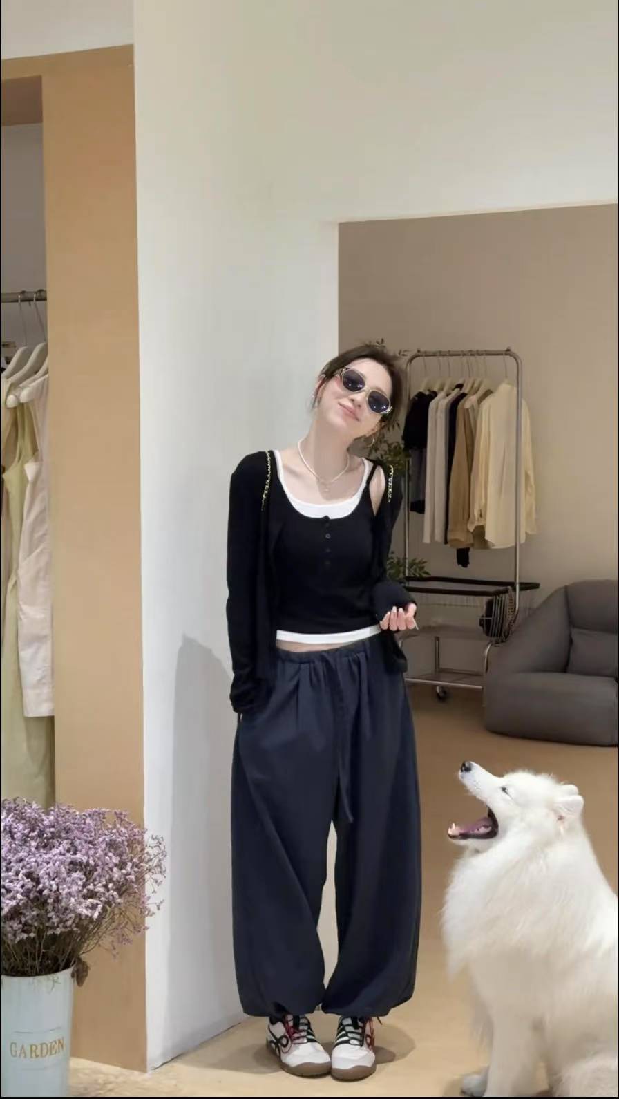 Early Autumn Korean Style Casual Loose Simple Spliced Tank Top Cardigan and Jogger Pants Three Piece Set