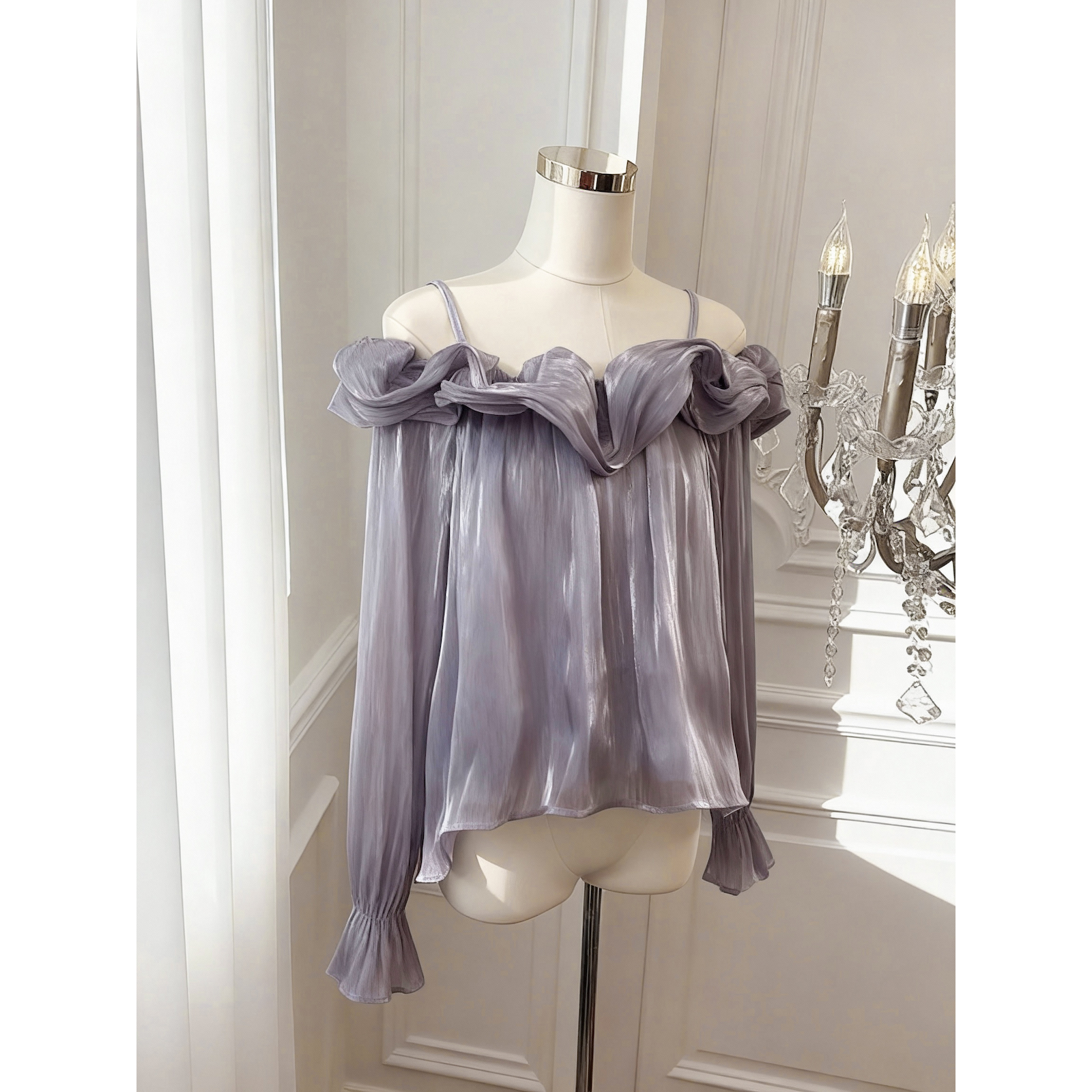 French Sweet Off-Shoulder Long Sleeve Wavy Trim Top - Image 5