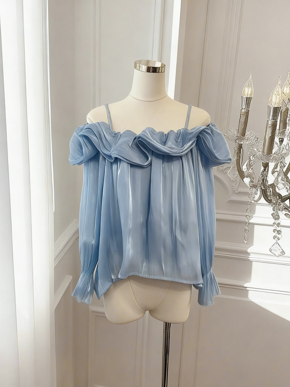French Sweet Off-Shoulder Long Sleeve Wavy Trim Top - Image 4
