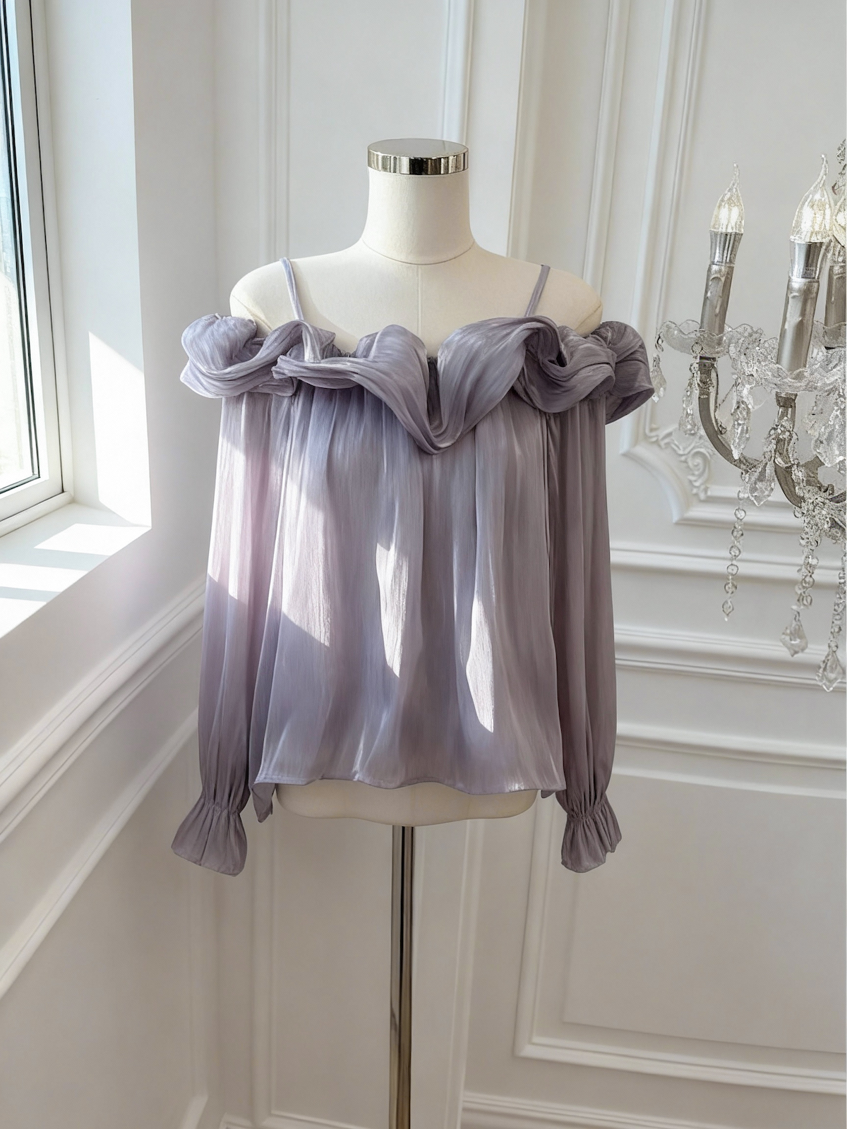 French Sweet Off-Shoulder Long Sleeve Wavy Trim Top - Image 3