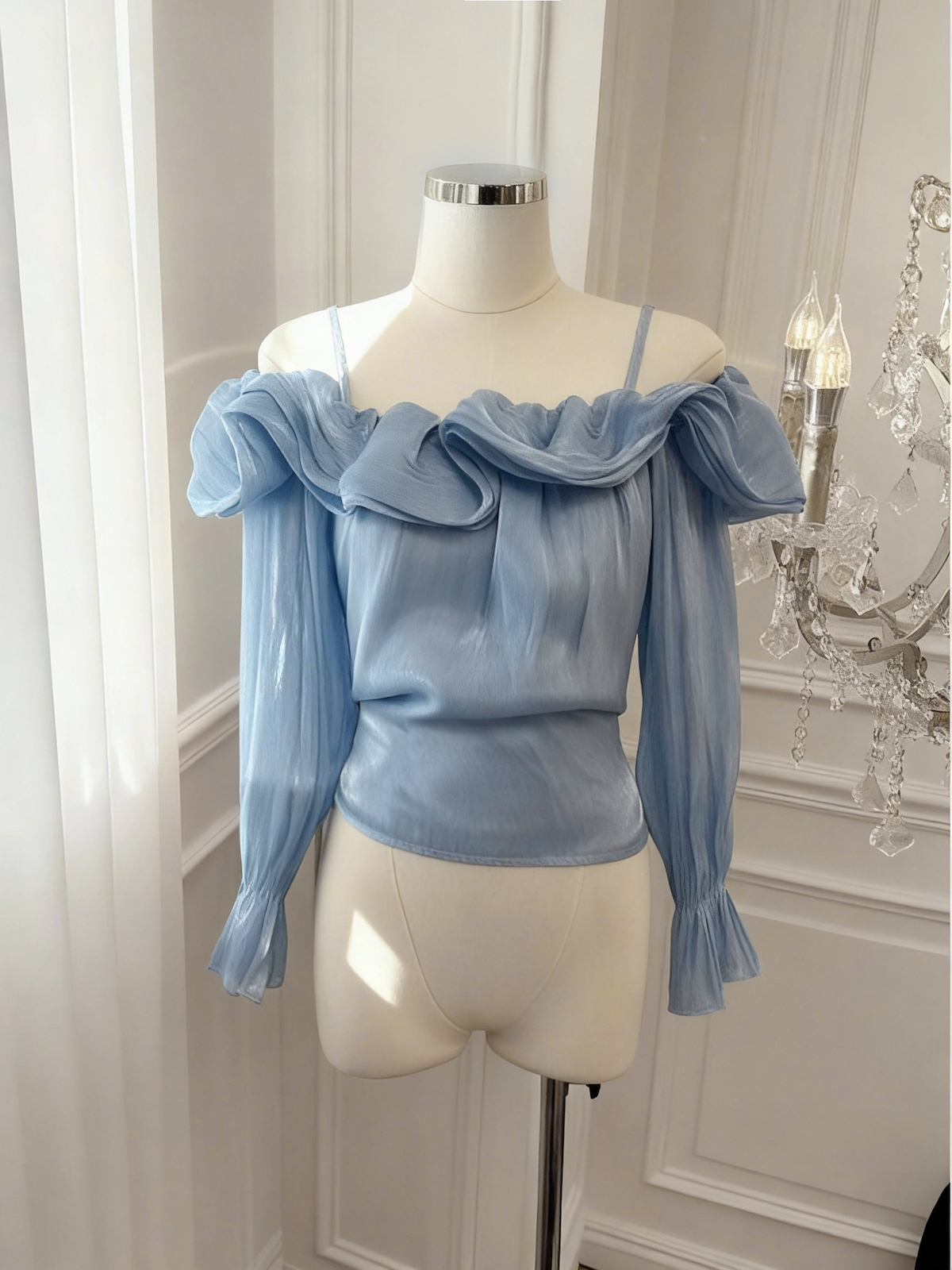 French Sweet Off-Shoulder Long Sleeve Wavy Trim Top