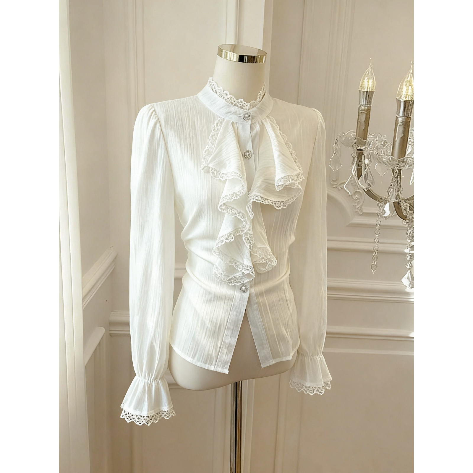 Vintage Court Style Lace Stand Collar Ruffle Shirt for Women - Image 5