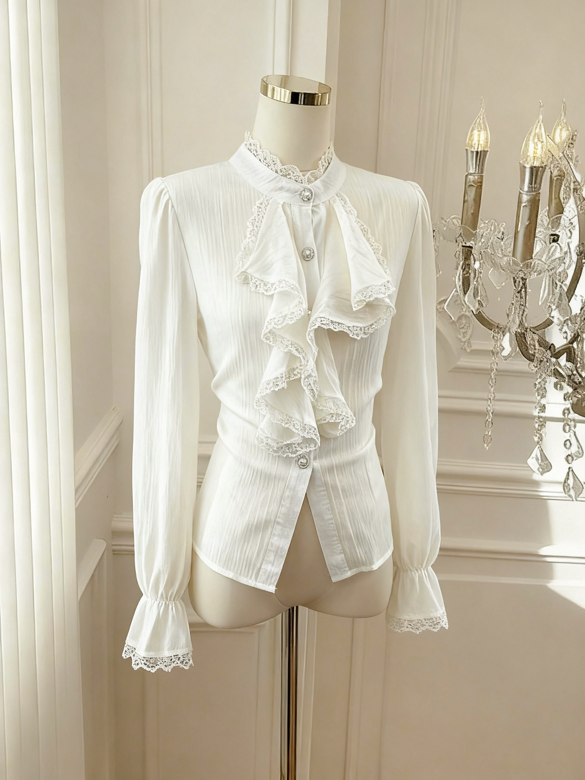 Vintage Court Style Lace Stand Collar Ruffle Shirt for Women - Image 4