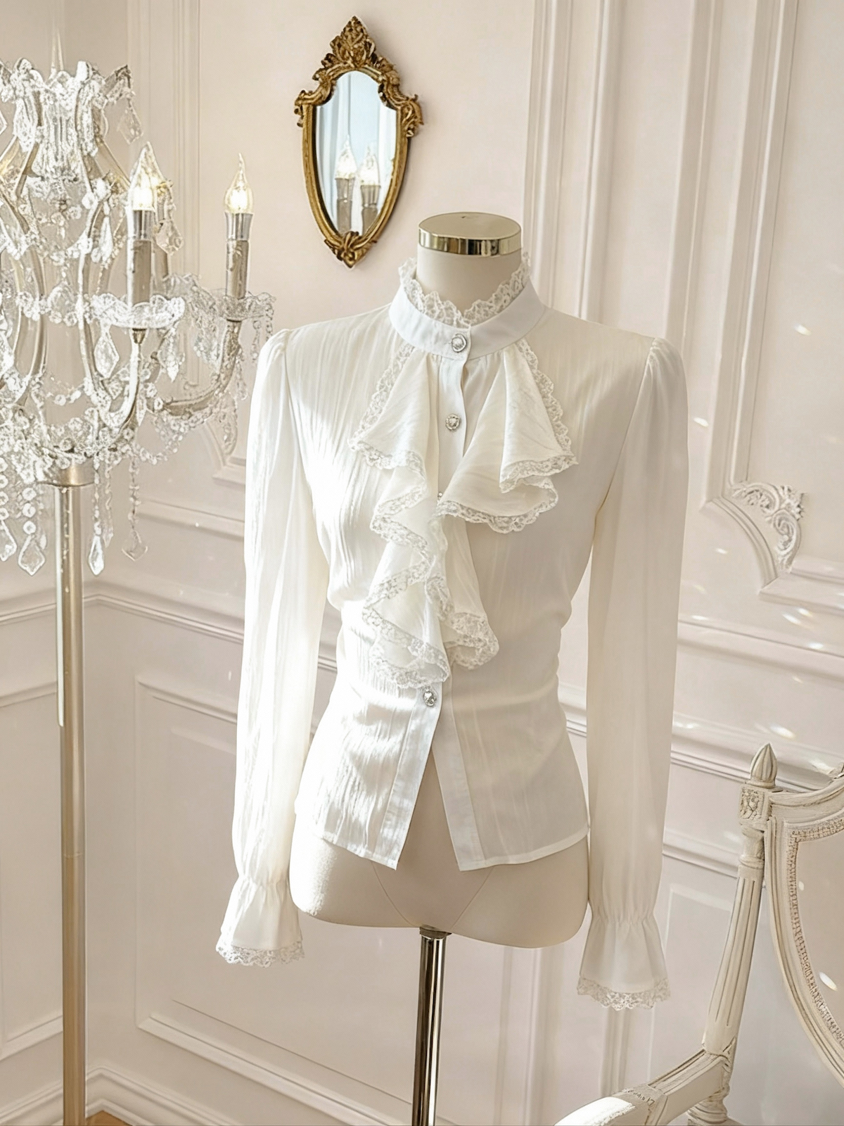 Vintage Court Style Lace Stand Collar Ruffle Shirt for Women - Image 3