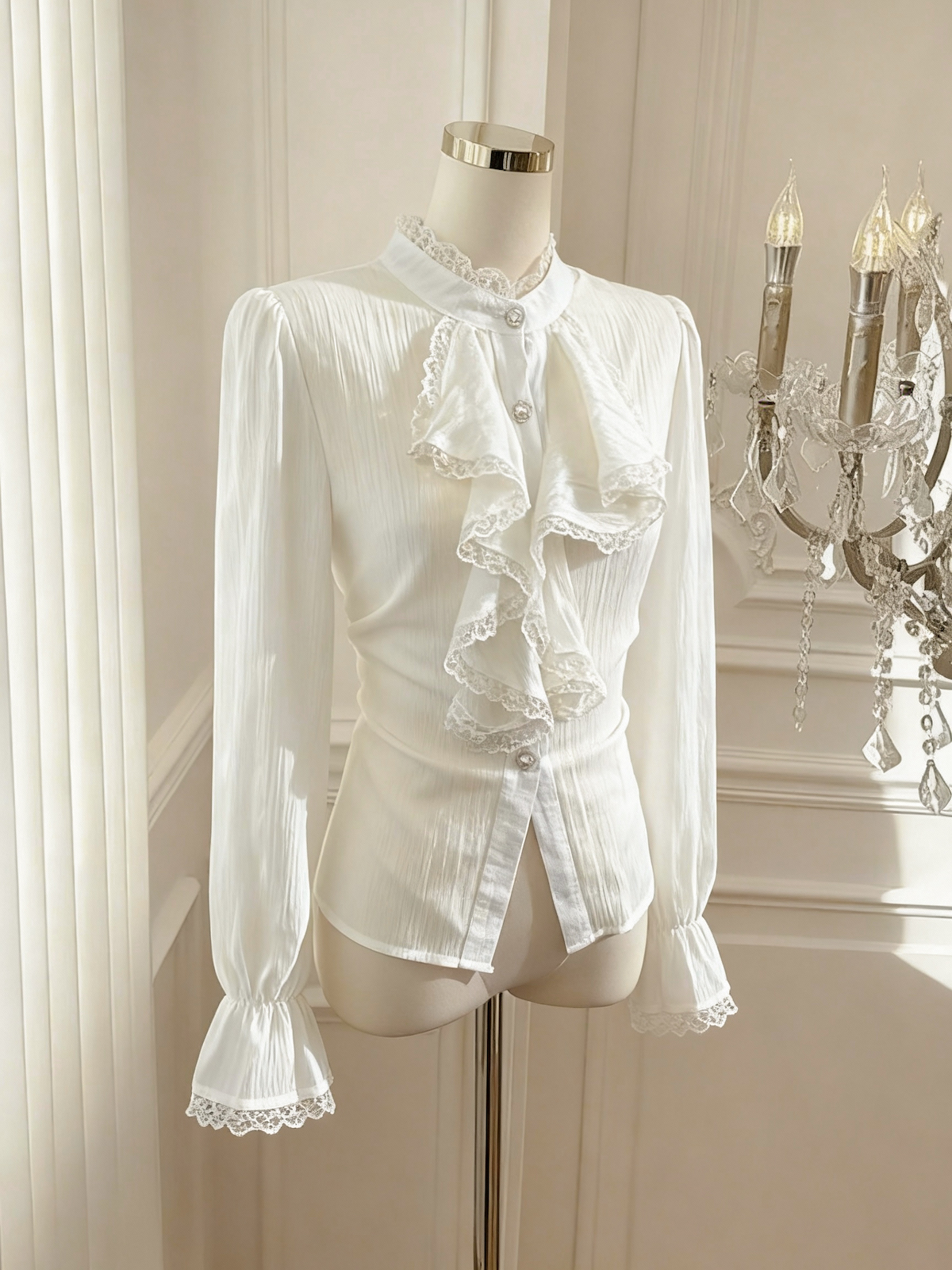 Vintage Court Style Lace Stand Collar Ruffle Shirt for Women