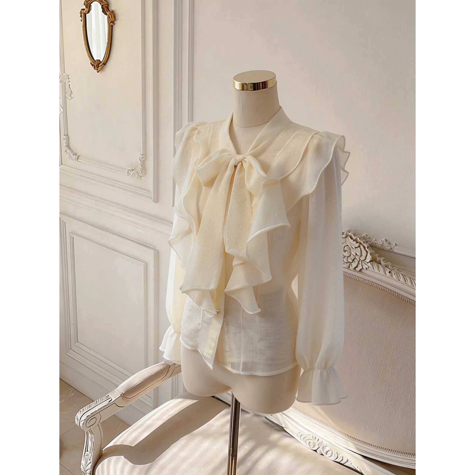 French Style Ruffled Flocked Heart Pearl Button Long Sleeve Shirt for Women - Image 5
