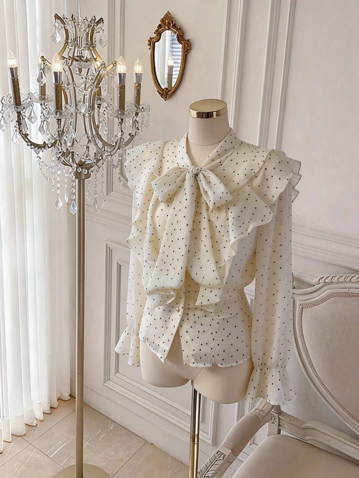 French Style Ruffled Flocked Heart Pearl Button Long Sleeve Shirt for Women - Image 3