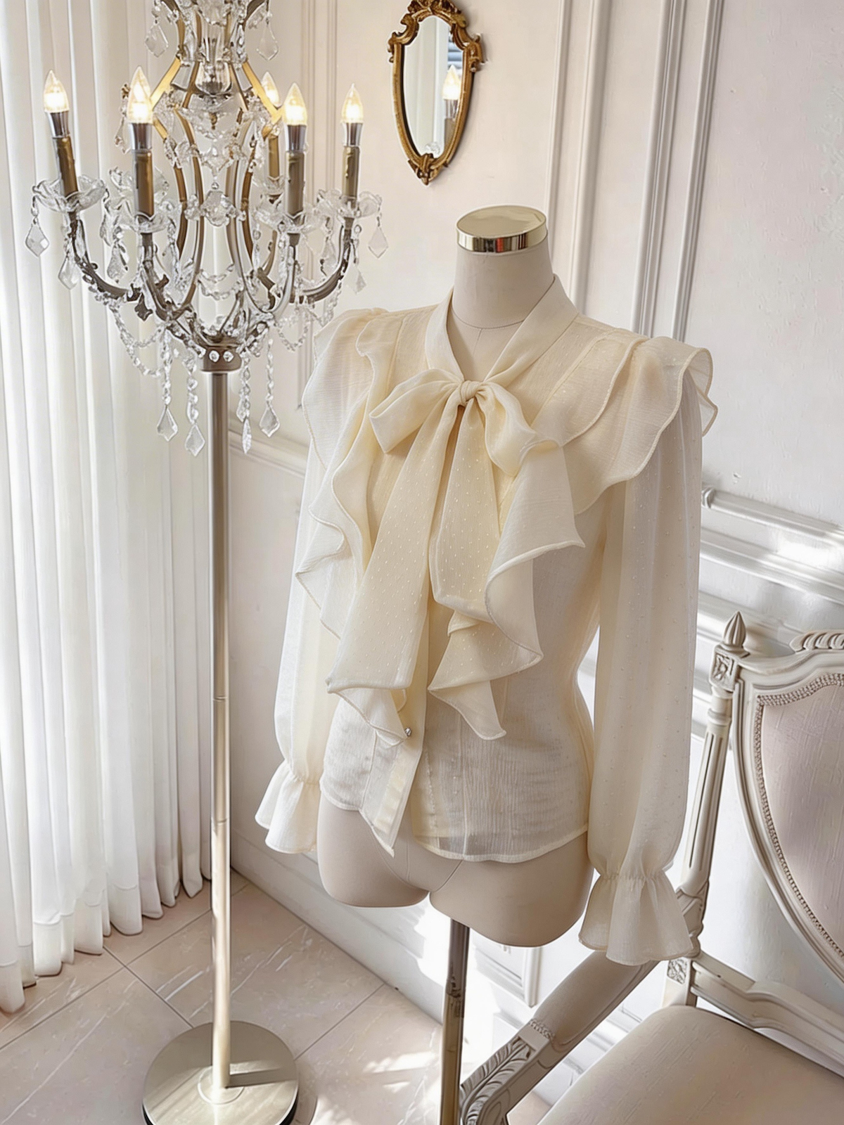French Style Ruffled Flocked Heart Pearl Button Long Sleeve Shirt for Women - Image 4