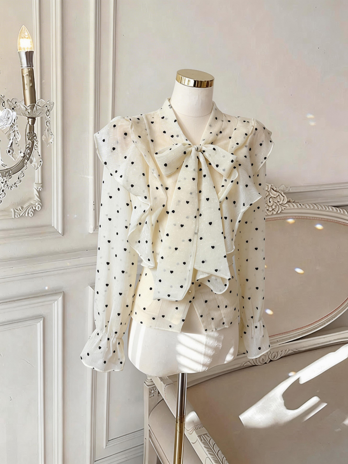 French Style Ruffled Flocked Heart Pearl Button Long Sleeve Shirt for Women