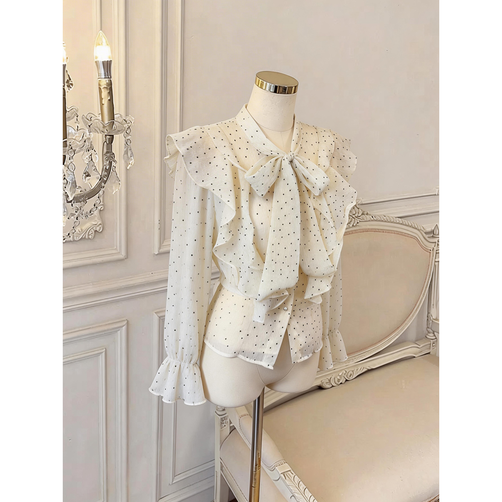 French Style Ruffled Velvet Heart Pearl Button Long Sleeve Shirt for Women - Image 5