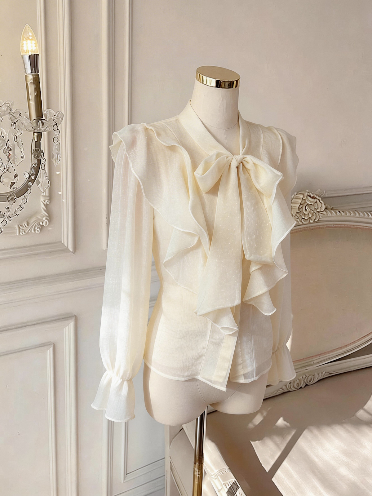 French Style Ruffled Velvet Heart Pearl Button Long Sleeve Shirt for Women - Image 3