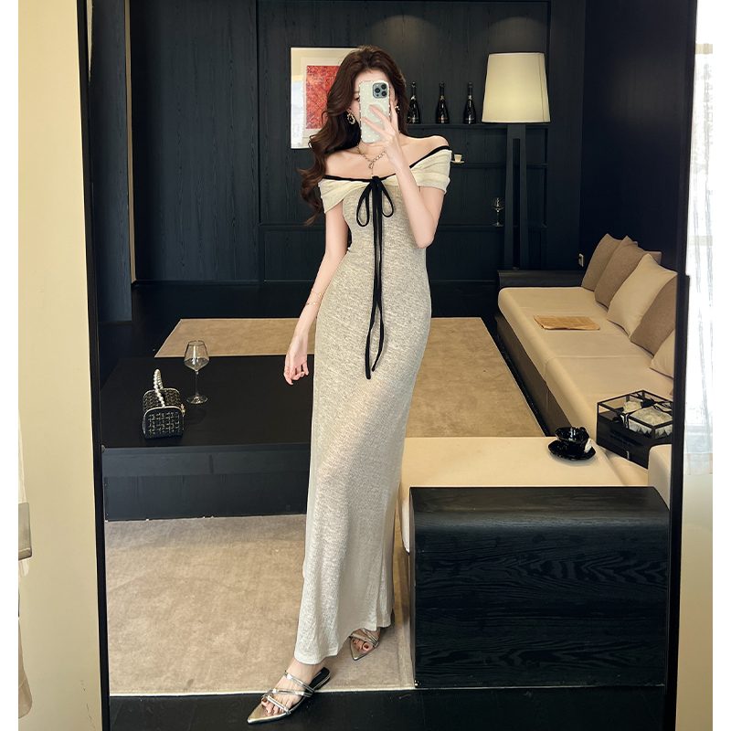 Summer Off-Shoulder Tube Dress with Tie Waist and Bodycon Fit Long Elegant Dress - Image 3