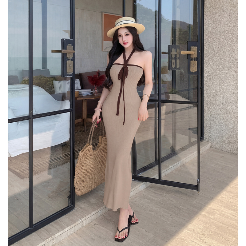 Pure Desire Halter Knit Bodycon Dress Summer New Tube Top Long Dress One Shoulder French Vacation Dress Trend