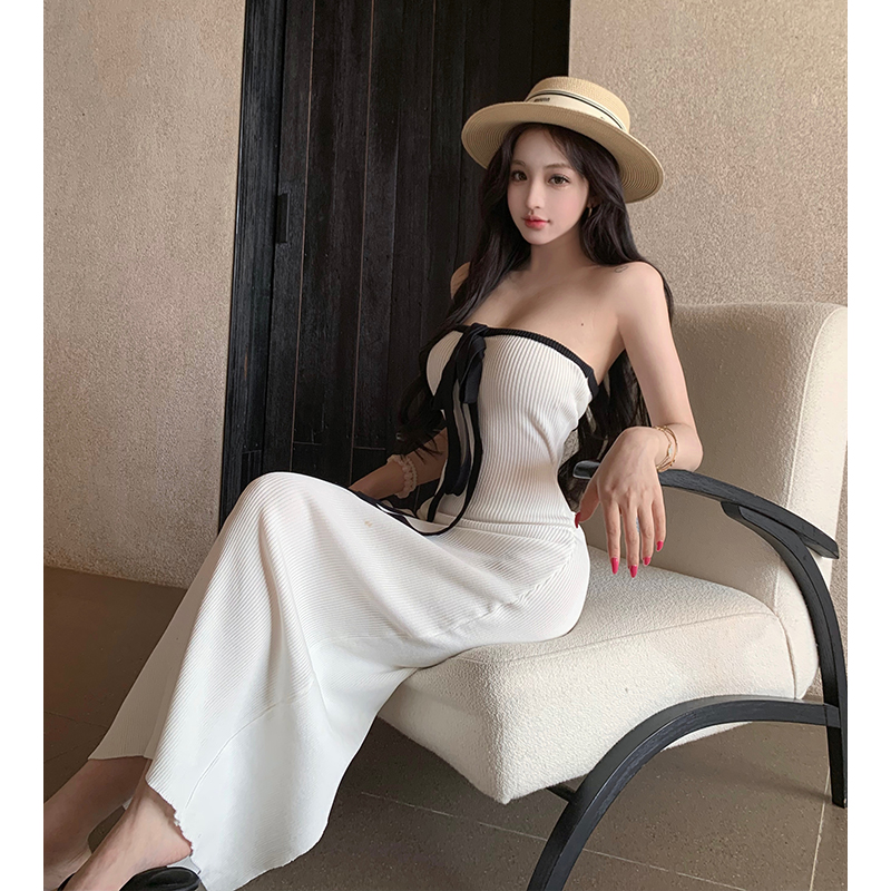 Pure Desire Halter Knit Bodycon Dress Summer New Tube Top Long Dress One Shoulder French Vacation Dress Trend - Image 3
