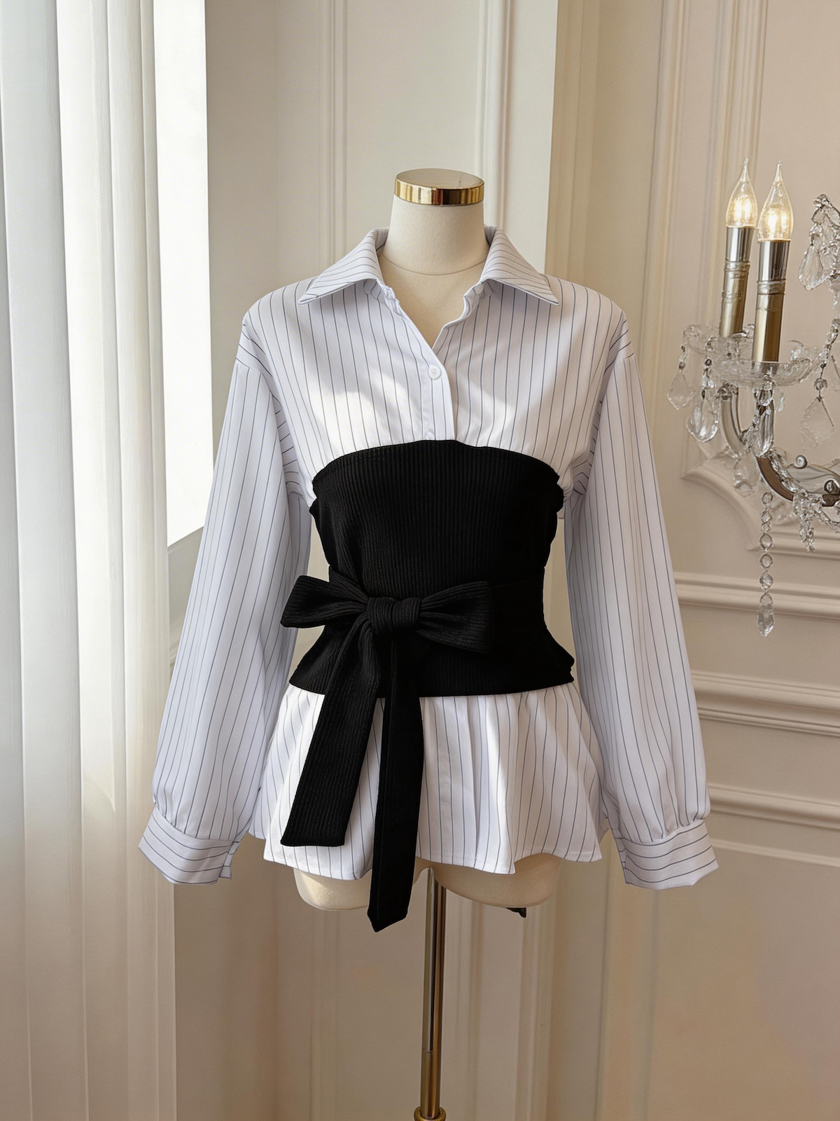 Women’s Striped Patchwork Lace-Up Waist Shirt