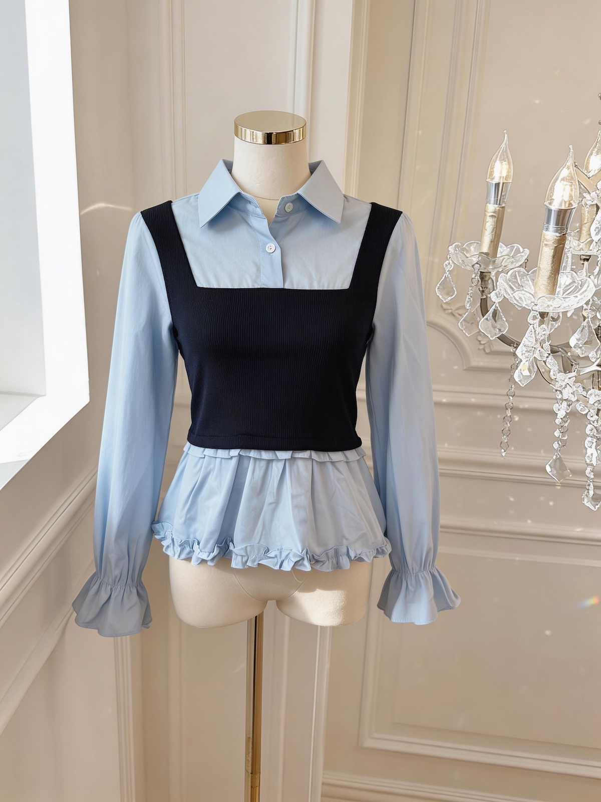 French Sweet Ruffle Shirt Women Summer Faux Two Piece Long Sleeve Top