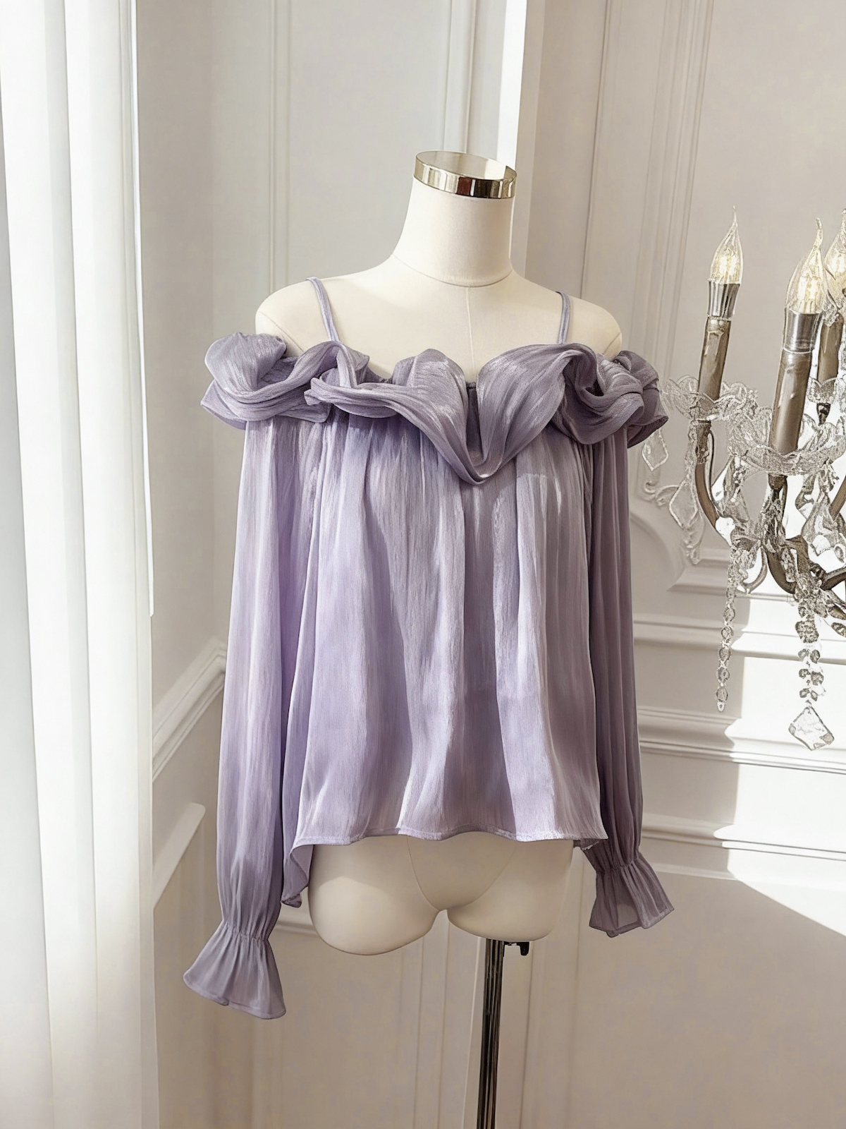 French Sweet Off-Shoulder Long Sleeve Wavy Trim Top