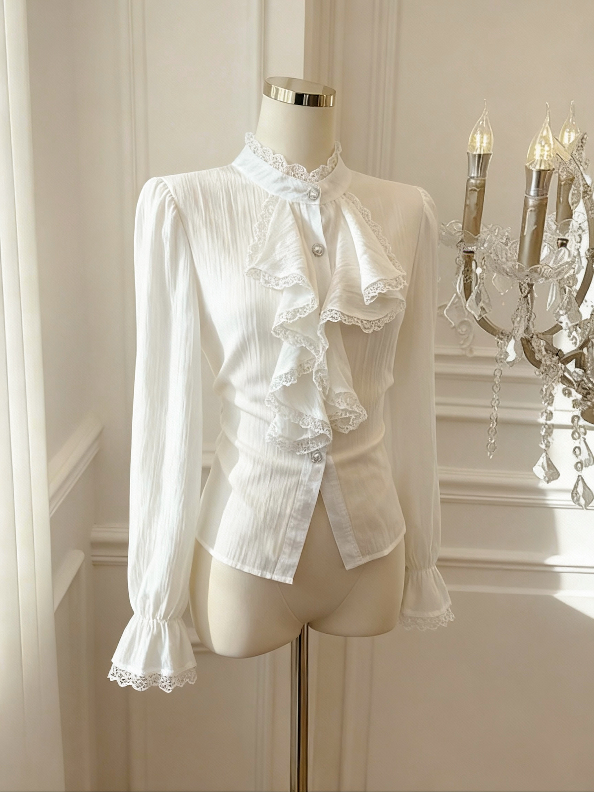 Vintage Court Style Lace Stand Collar Ruffle Shirt for Women