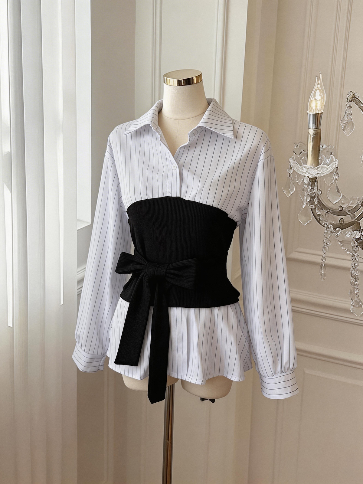 Women’s Striped Patchwork Lace-Up Waist Shirt