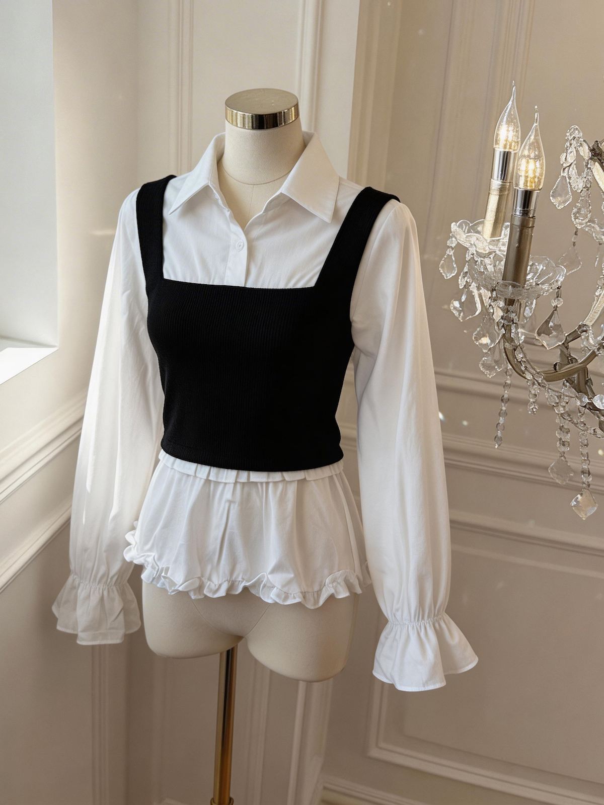 French Sweet Ruffle Shirt Women Summer Faux Two Piece Long Sleeve Top