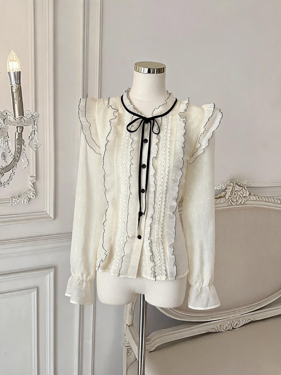 French Lace Bow Tie Front Loose Blouse for Women