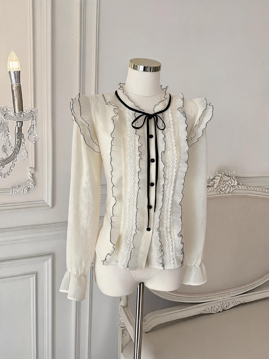 French Lace Bow Tie Front Loose Blouse for Women - Image 3