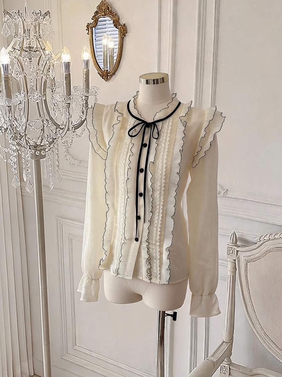 French Lace Bow Tie Front Loose Blouse for Women - Image 4