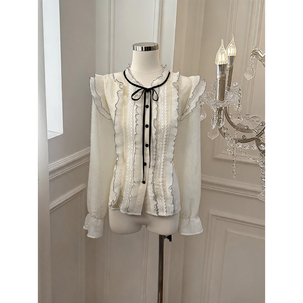 French Lace Bow Tie Front Loose Blouse for Women - Image 5