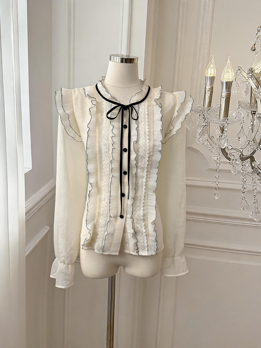 French Lace Bow Tie Front Loose Blouse for Women