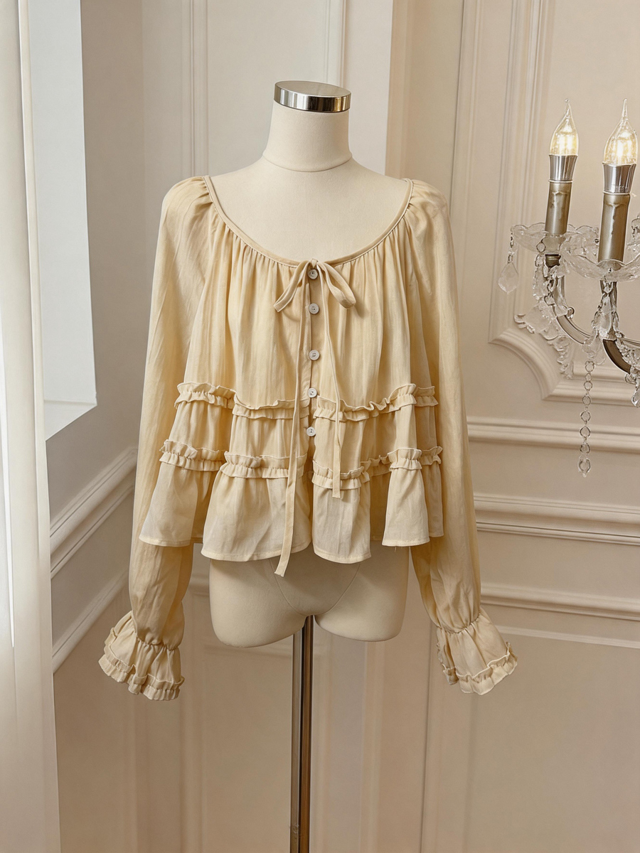 French Style Ruffle Trim Round Neck Tie Long Sleeve Blouse for Women Autumn Doll Shirt – Style 32b40a