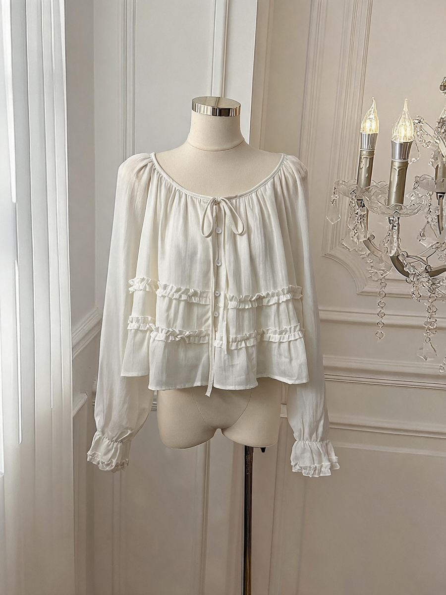 French Style Ruffle Trim Round Neck Tie Long Sleeve Blouse for Women Autumn Doll Shirt - Style 32b40a