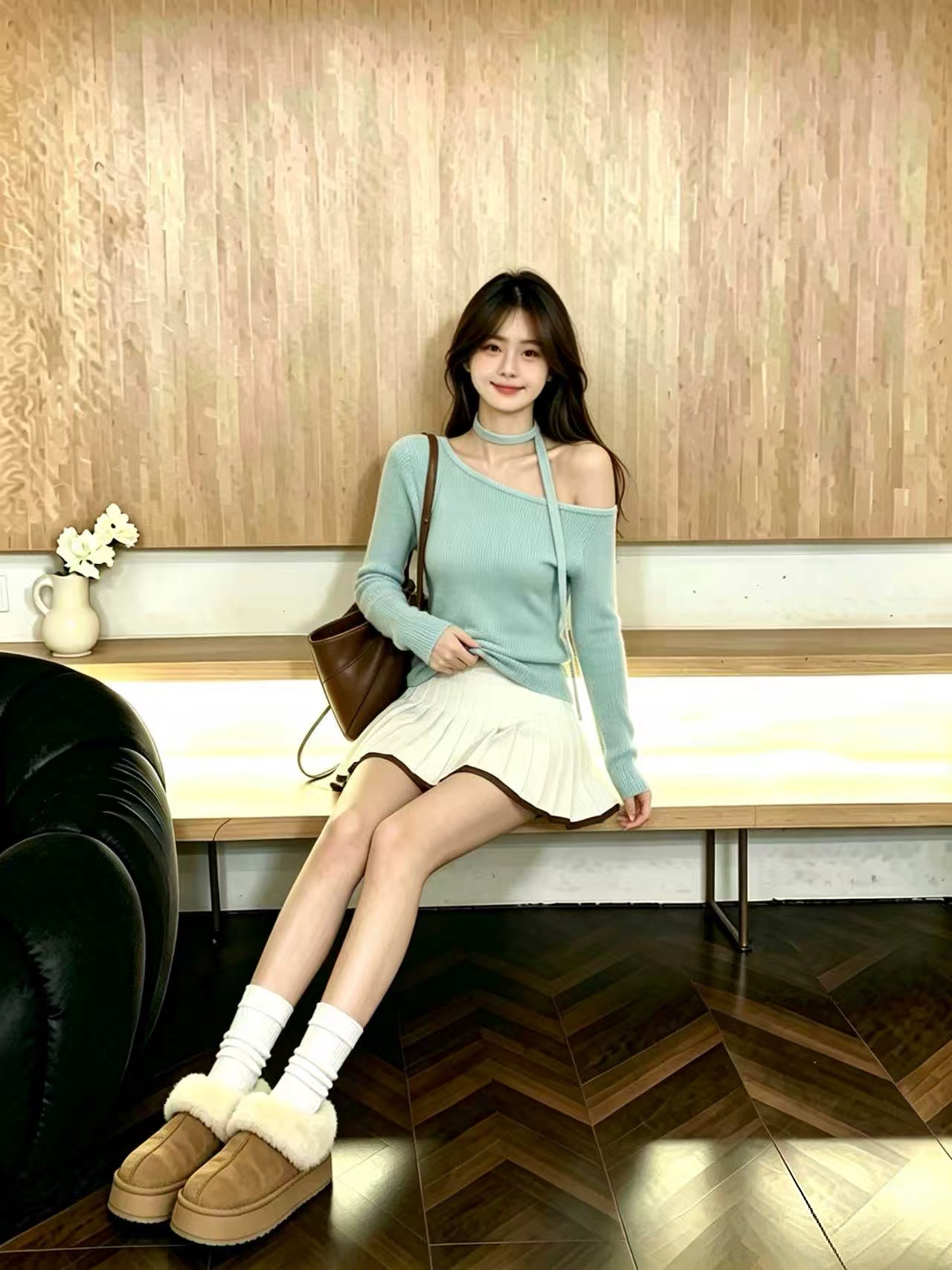 Mint Blue Ribbon Knit One-Shoulder Long Sleeve Top for Women 2026 Fall Slim Fit