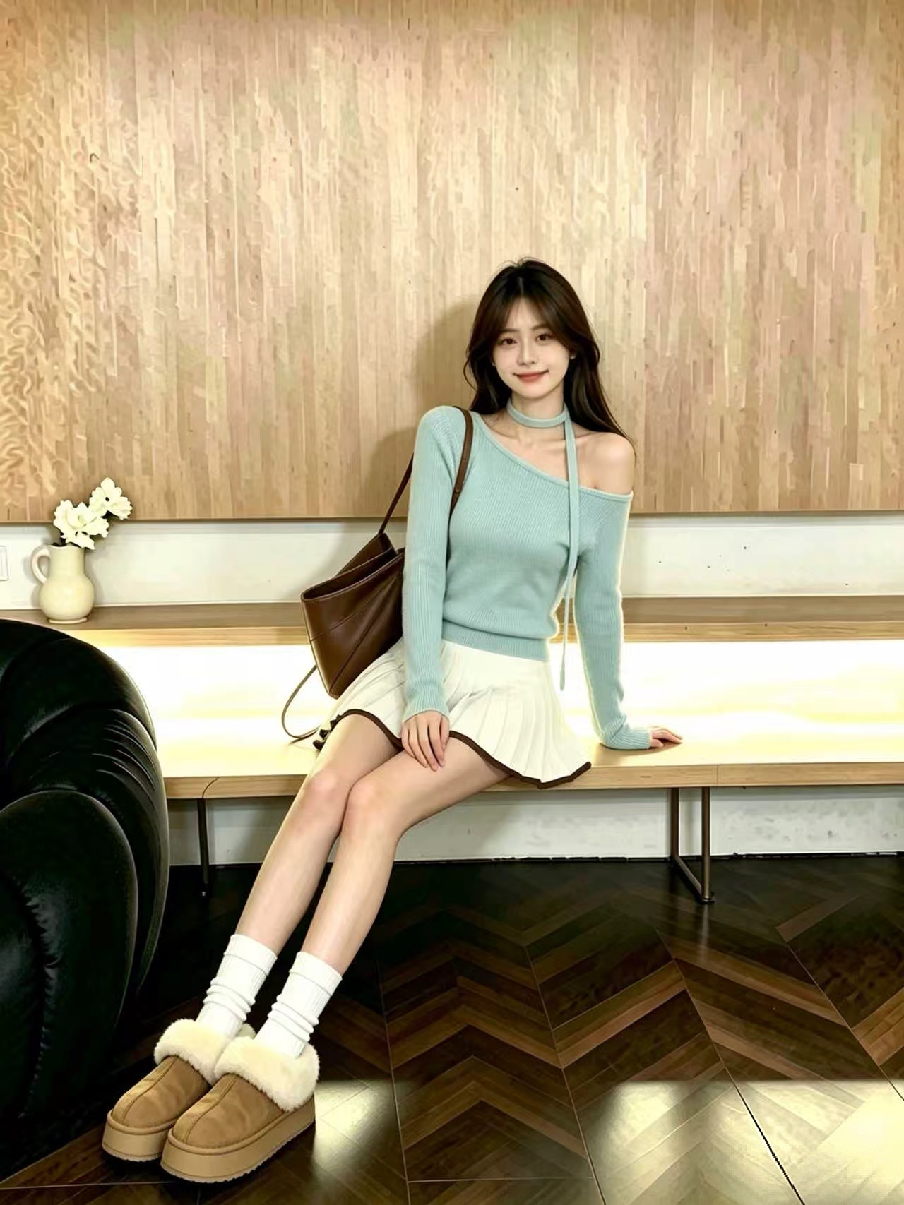 Mint Blue Ribbon Knit One-Shoulder Long Sleeve Top for Women 2026 Fall Slim Fit