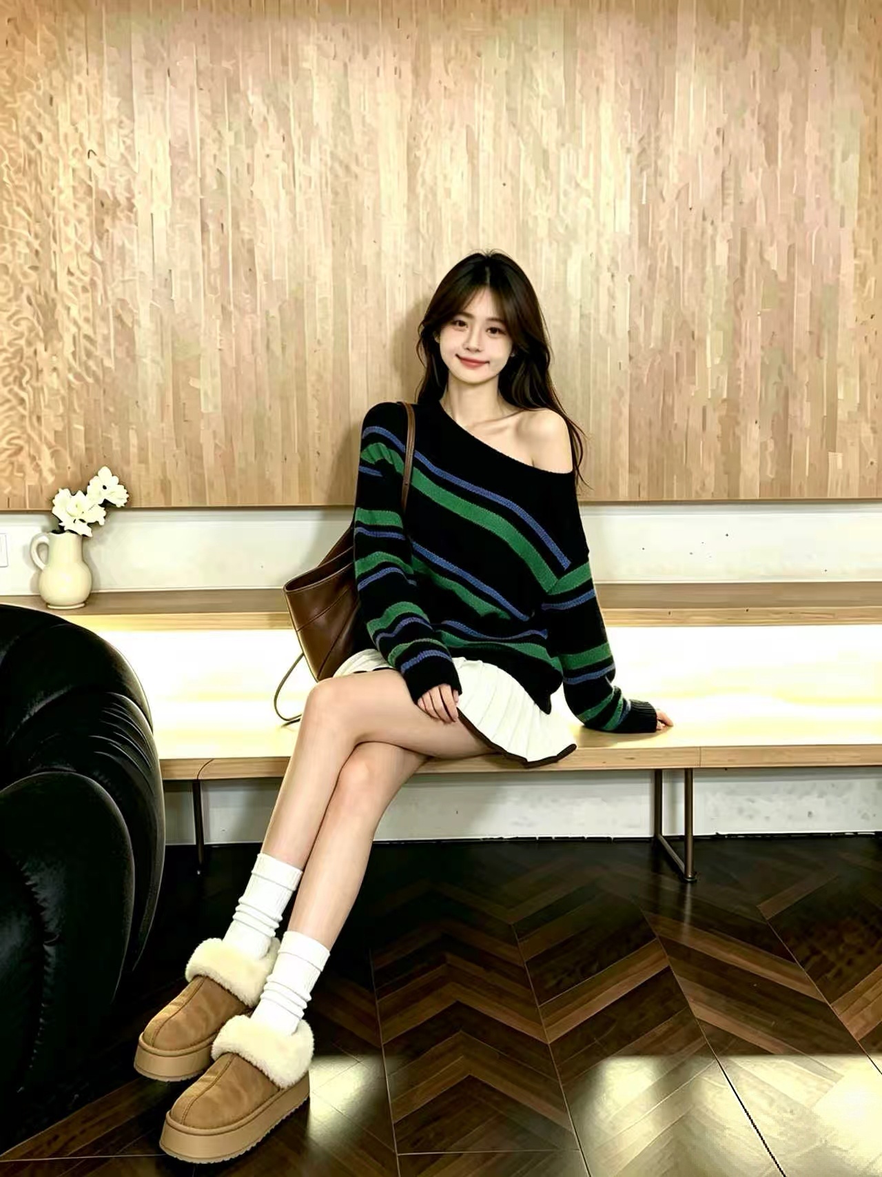 Green One-Shoulder Off-Shoulder Striped Knit Sweater for Women 2026 Korean Style Early Autumn Top - Image 3