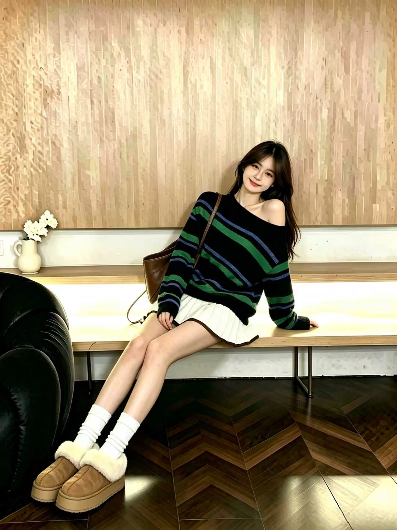 Green One-Shoulder Off-Shoulder Striped Knit Sweater for Women 2026 Korean Style Early Autumn Top - Image 4