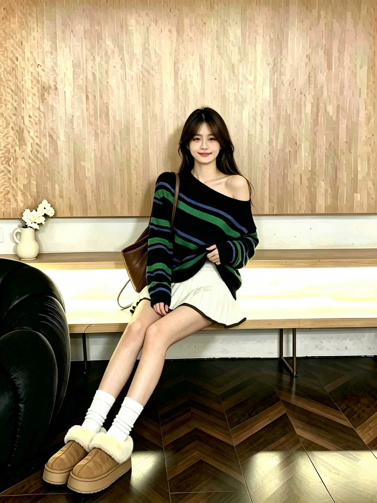 Green One-Shoulder Off-Shoulder Striped Knit Sweater for Women 2026 Korean Style Early Autumn Top
