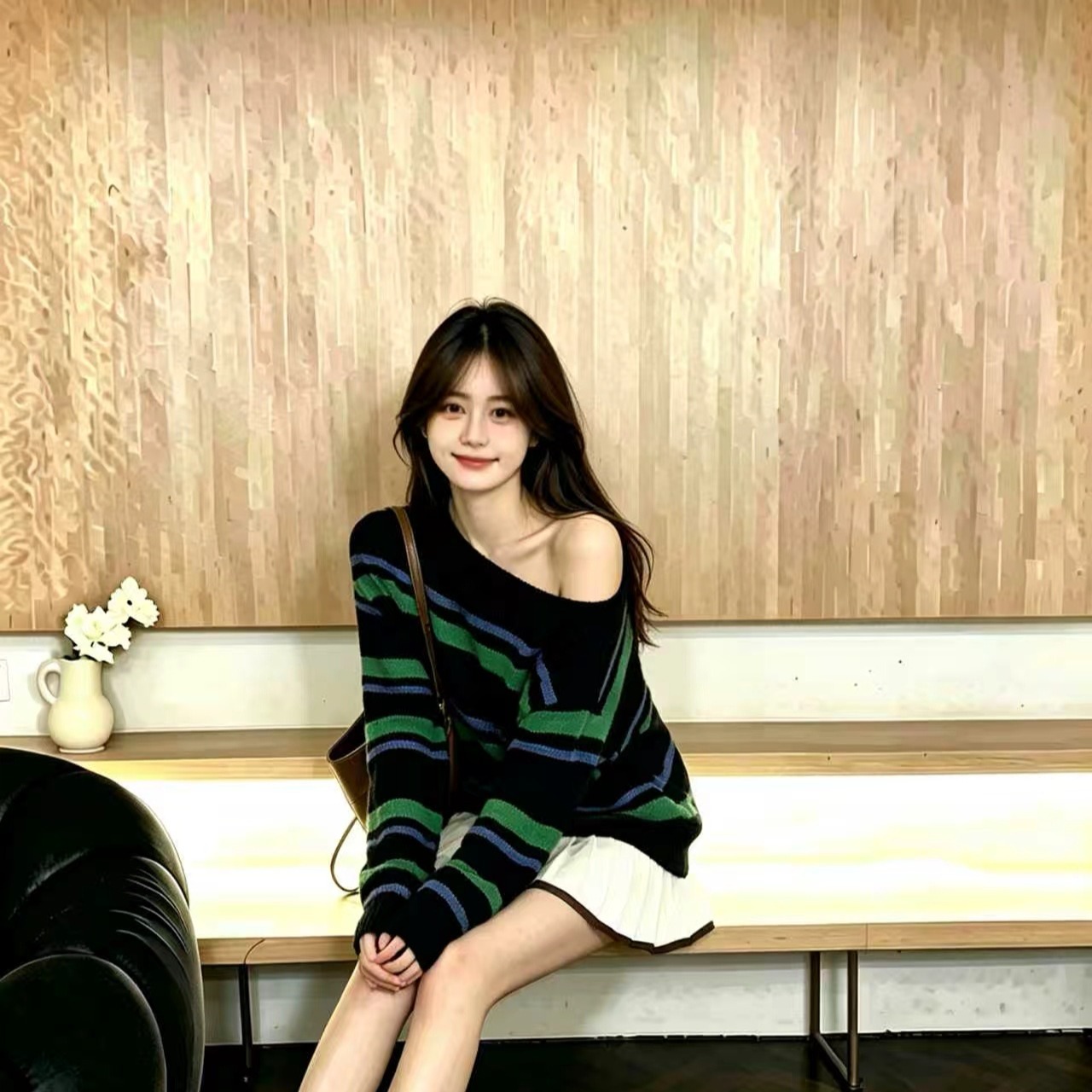 Green One-Shoulder Off-Shoulder Striped Knit Sweater for Women 2026 Korean Style Early Autumn Top - Image 5