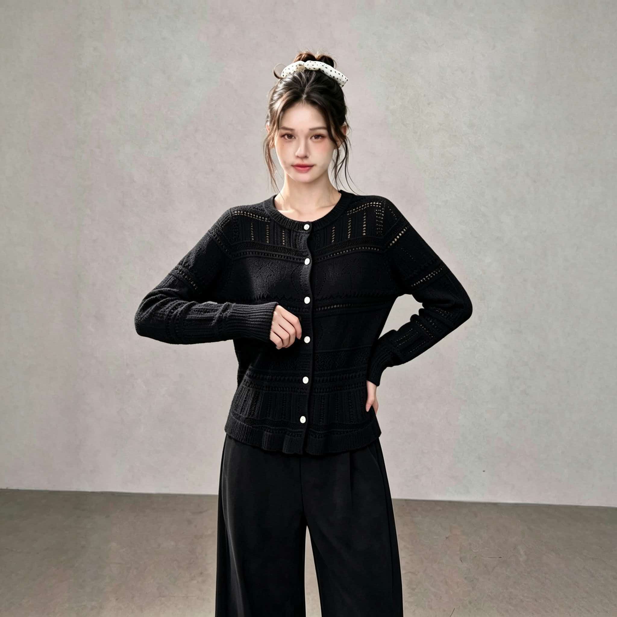 Black Lace Hollow Knit Cardigan 2026 Korean Style Early Autumn Sweater Outerwear Top for Women - Image 3