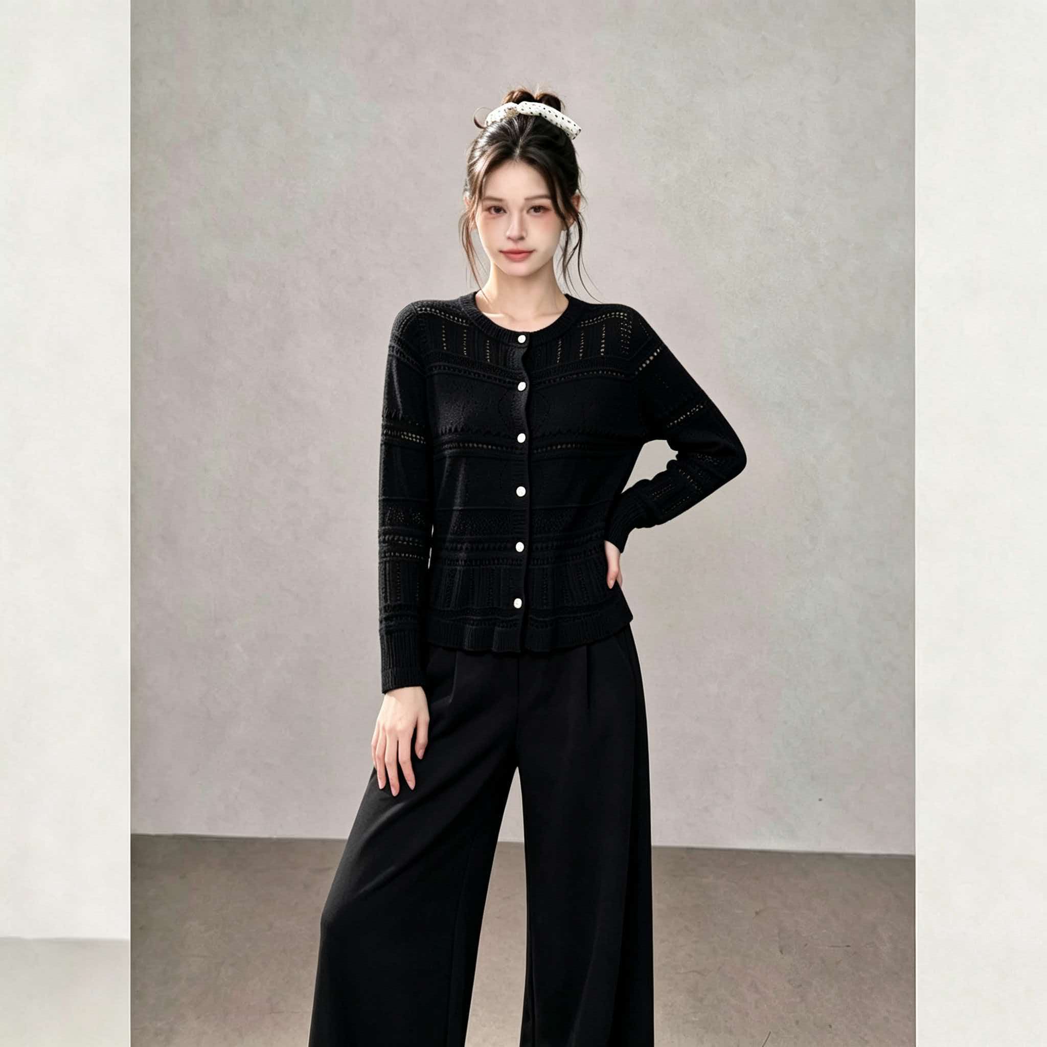 Black Lace Hollow Knit Cardigan 2026 Korean Style Early Autumn Sweater Outerwear Top for Women
