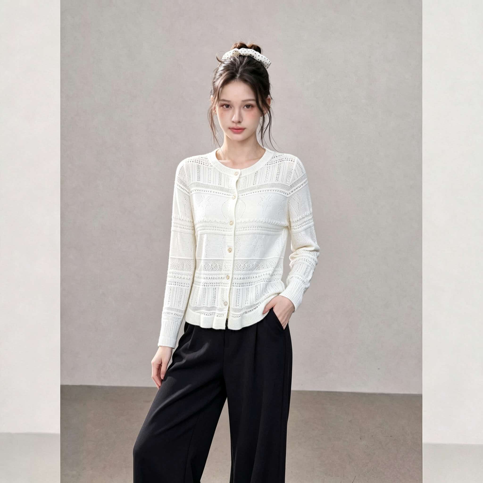 Black Lace Hollow Knit Cardigan 2026 Korean Style Early Autumn Sweater Outerwear Top for Women - Image 4