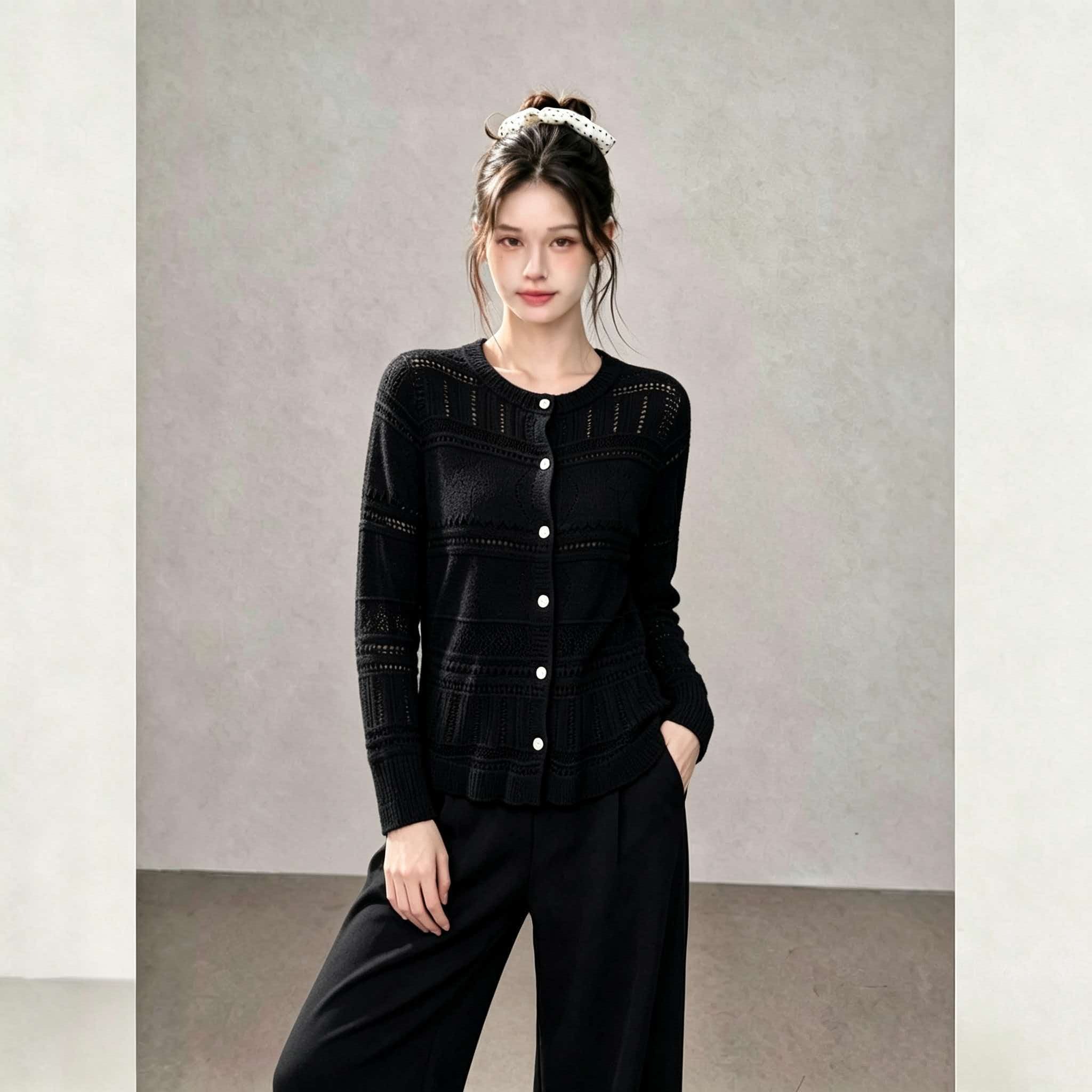 Black Lace Hollow Knit Cardigan 2026 Korean Style Early Autumn Sweater Outerwear Top for Women - Image 5